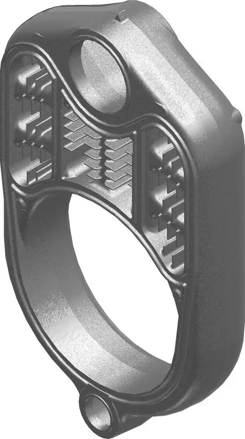 Bosch-Komponente mit zwei Durchgangsöffnungen und strukturiertem Design, verwendet in technischen Anwendungen zur Befestigung oder als Halterung.